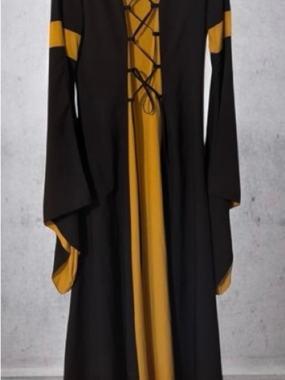 Renaissance-Two-Tone Lace-Up Long Sleeve Maxi Dress with long bell sleeves